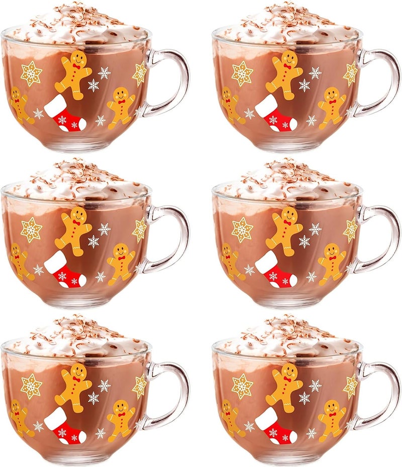 Sliner 6 Pcs Christmas Glass Coffee Mugs with Handle, 16 oz Clear Irish Coffee Mugs Footed Irish Glasses Christmas Winter Holiday Cups for Beverages Latte Hot Chocolate(Gingerbread) - Image 1