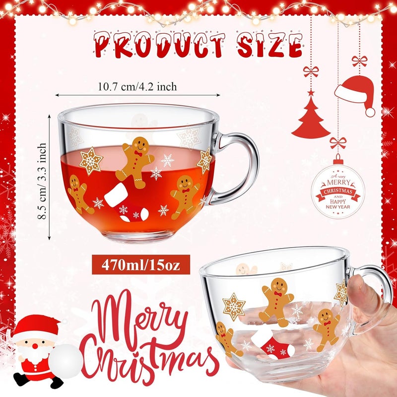 Sliner 6 Pcs Christmas Glass Coffee Mugs with Handle, 16 oz Clear Irish Coffee Mugs Footed Irish Glasses Christmas Winter Holiday Cups for Beverages Latte Hot Chocolate(Gingerbread) - Image 3