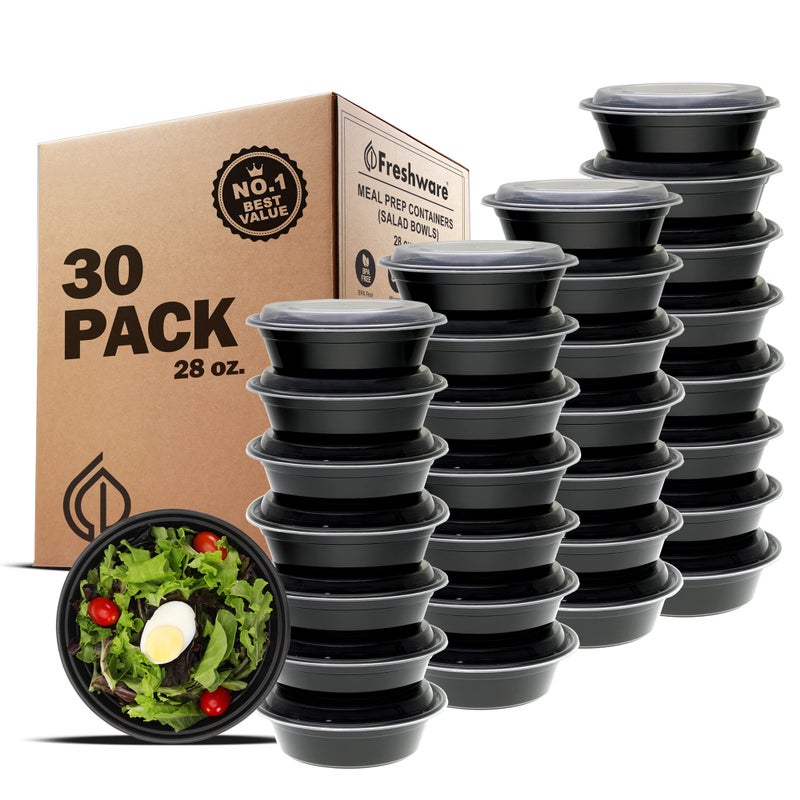 Freshware Meal Prep Bowl Containers [30 Pack] Plastic Bowls with Lids for Soup and Salad, Food Storage Bento Box, BPA Free, Stackable, Lunch Boxes, Microwave/Dishwasher/Freezer Safe (28 oz) - Image 1