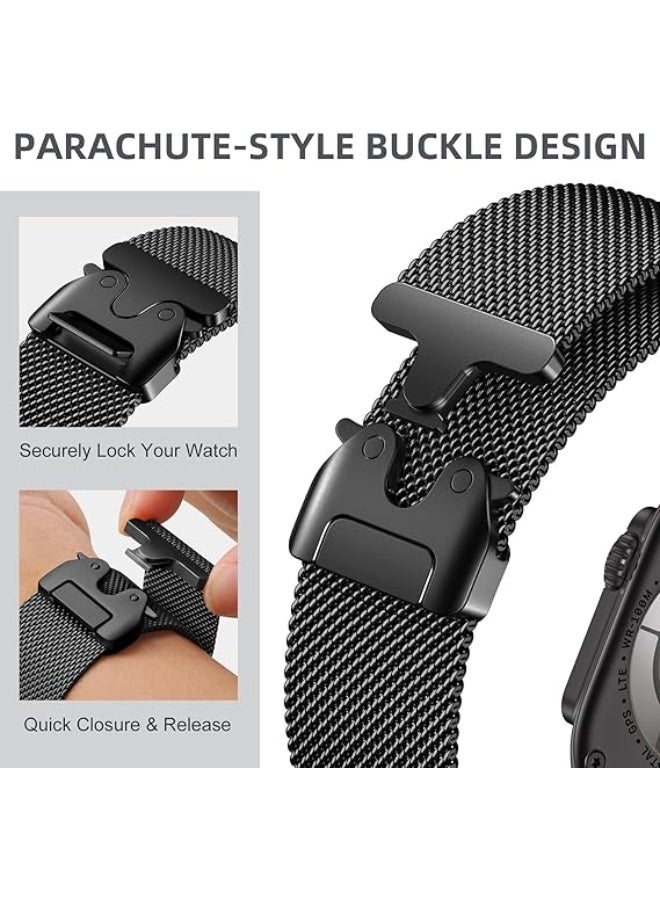 فكرة سوار Fekra متوافق مع ساعة Apple Watch Ultra 2 / Ultra مقاس 49 مم، مصنوع من ستانلس ستيل بتصميم شبكي (Mesh Loop) مع قفل على شكل باراشوت، ومناسب أيضًا لساعات Apple Watch Series 10 مقاس 46 مم، وSeries 9/8/7 مقاس 45 مم، وSE2/SE/6/5/4 مقاس 44 مم، وSeries 3/2/1 مقاس 42 مم. - Image 4