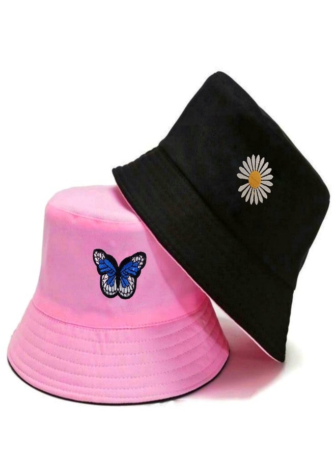 REFFER Unisex Daisy Butterfly Reversible Embroidered Foldable Cotton Bucket Hat for Women and Men hat | Bucket hat for Women | Bucket hat for Girls | Beach hat | Sun hat | Traveling hat (Pink Black) - Image 1