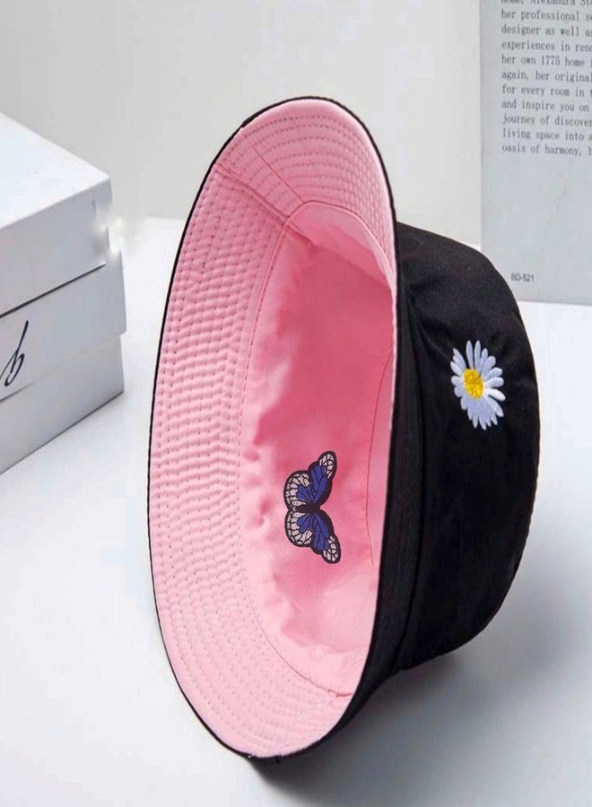 REFFER Unisex Daisy Butterfly Reversible Embroidered Foldable Cotton Bucket Hat for Women and Men hat | Bucket hat for Women | Bucket hat for Girls | Beach hat | Sun hat | Traveling hat (Pink Black) - Image 3