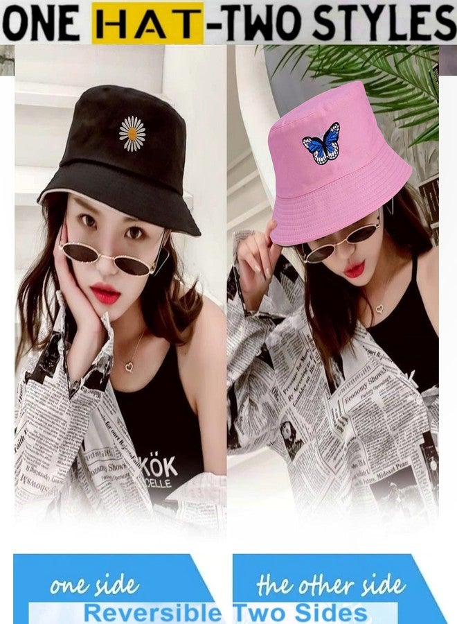 REFFER Unisex Daisy Butterfly Reversible Embroidered Foldable Cotton Bucket Hat for Women and Men hat | Bucket hat for Women | Bucket hat for Girls | Beach hat | Sun hat | Traveling hat (Pink Black) - Image 2