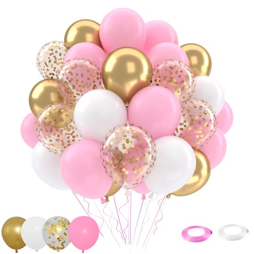 Patimate Pink Gold Confetti Balloons Set 50 pcs 12 inch Metallic Gold Pastel Pink White Confetti Latex Balloons Kit for Birthday Baby Shower Girl Princess Party Decorations - Image 1