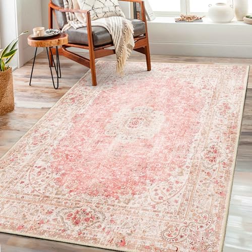 Castage Pink Rug 3x5,Washable Area Rugs for Bedroom Living Room Kitchen Entryway,Small Boho Vintage Bohemian Distressed Non Slip Carpet,Blush - Image 1