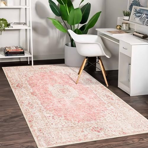 Castage Pink Rug 3x5,Washable Area Rugs for Bedroom Living Room Kitchen Entryway,Small Boho Vintage Bohemian Distressed Non Slip Carpet,Blush - Image 4