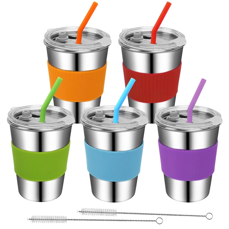 Rommeka Toddler Cups with Straws, 18/8 Stainless Steel Children Smoothie Drinking Sippy Cups, Stacking & Reusable Kids Cups with Straws and Lids, 5 Pack, 12oz - Image 1