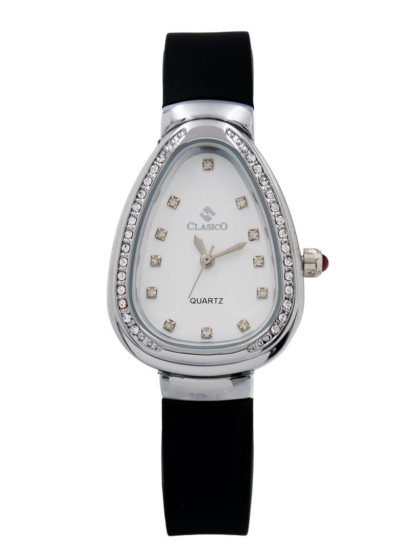 Clasico 💎 Dumue Elegant Women’s Teardrop Dial Watch ⌚ | Crystal Bezel | Black Silicon Strap | Analog Quartz | Fashion Wristwatch for Ladies - Image 1