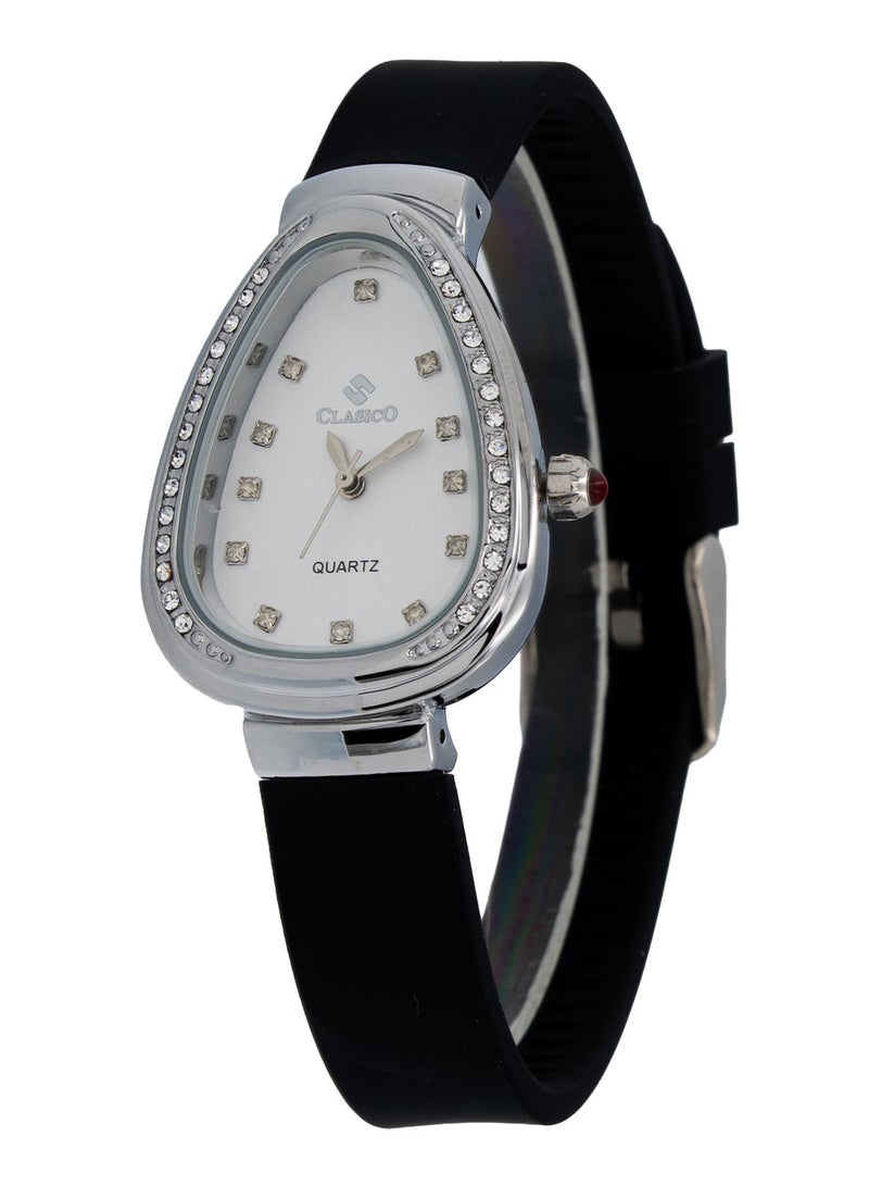 Clasico 💎 Dumue Elegant Women’s Teardrop Dial Watch ⌚ | Crystal Bezel | Black Silicon Strap | Analog Quartz | Fashion Wristwatch for Ladies - Image 3