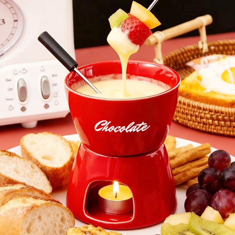 YumiPLUS Sweet Cheese Fondue Cup with 2 Dipping Forks, Red Ceramic Chocolate Melting Cup Set,Cute Butter Warmer for Seafood,Unique Chocolate Melter for Dating/Anniversary/Gift/Christmas(Red) - Image 3