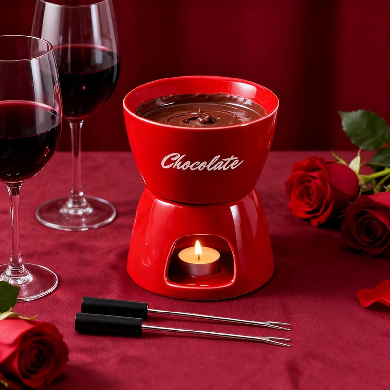 YumiPLUS Sweet Cheese Fondue Cup with 2 Dipping Forks, Red Ceramic Chocolate Melting Cup Set,Cute Butter Warmer for Seafood,Unique Chocolate Melter for Dating/Anniversary/Gift/Christmas(Red) - Image 4