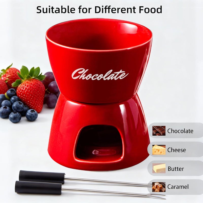 YumiPLUS Sweet Cheese Fondue Cup with 2 Dipping Forks, Red Ceramic Chocolate Melting Cup Set,Cute Butter Warmer for Seafood,Unique Chocolate Melter for Dating/Anniversary/Gift/Christmas(Red) - Image 5