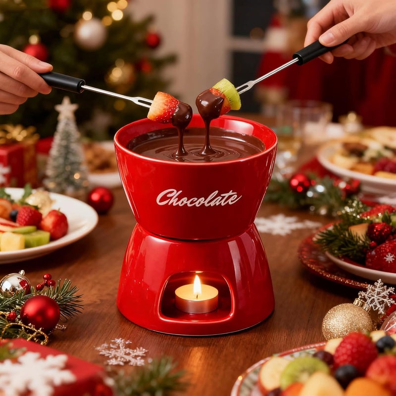 YumiPLUS Sweet Cheese Fondue Cup with 2 Dipping Forks, Red Ceramic Chocolate Melting Cup Set,Cute Butter Warmer for Seafood,Unique Chocolate Melter for Dating/Anniversary/Gift/Christmas(Red) - Image 2
