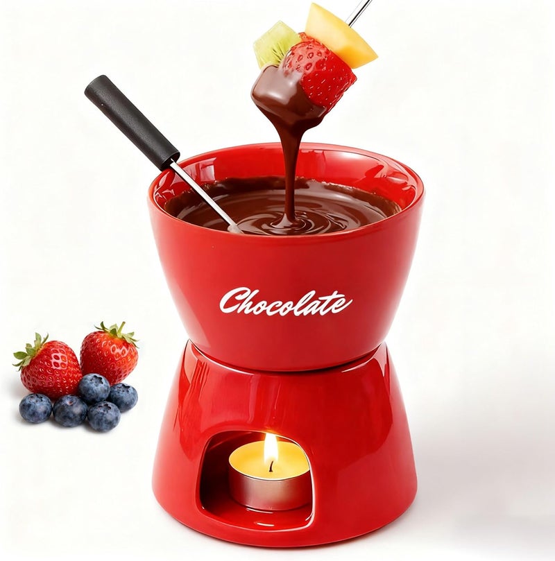 YumiPLUS Sweet Cheese Fondue Cup with 2 Dipping Forks, Red Ceramic Chocolate Melting Cup Set,Cute Butter Warmer for Seafood,Unique Chocolate Melter for Dating/Anniversary/Gift/Christmas(Red) - Image 1