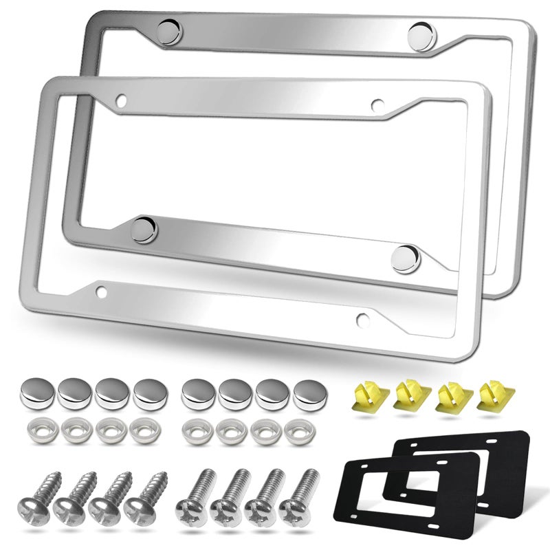 BGGTMO Stainless Steel License Plate Frames 2 Pack Heavy Duty Polished Mirror Car Tag Cover with Chrome Screws Caps 4 Holes Front Rear Holders with Fasteners Inserts RustRattle Proof Pads