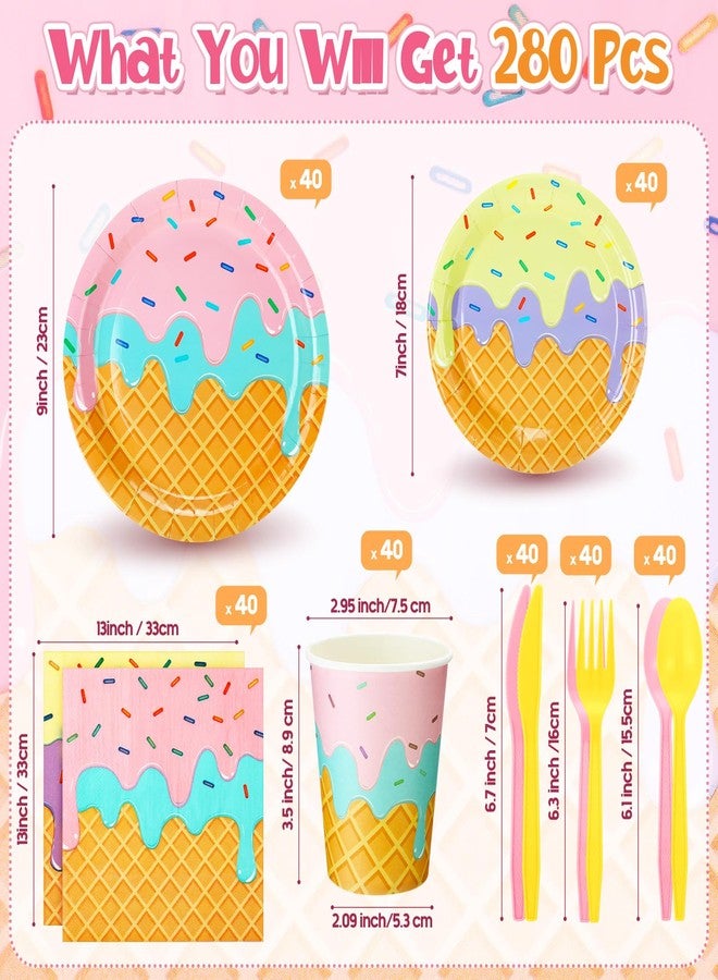 Ziliny 280 Pcs Ice Cream Party Decorations Paper Plates Napkins Cups Forks Set Disposable Tableware Supplies for Birthday Baby Shower Appetizer Lunch Dinner Dessert, Serve 40(Ice Cream Party) - Image 2