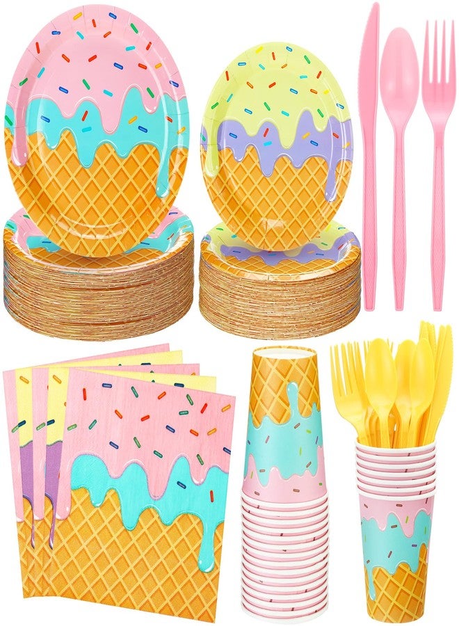 Ziliny 280 Pcs Ice Cream Party Decorations Paper Plates Napkins Cups Forks Set Disposable Tableware Supplies for Birthday Baby Shower Appetizer Lunch Dinner Dessert, Serve 40(Ice Cream Party) - Image 1