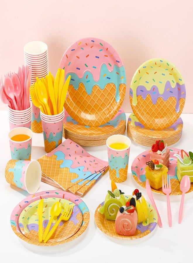 Ziliny 280 Pcs Ice Cream Party Decorations Paper Plates Napkins Cups Forks Set Disposable Tableware Supplies for Birthday Baby Shower Appetizer Lunch Dinner Dessert, Serve 40(Ice Cream Party) - Image 3