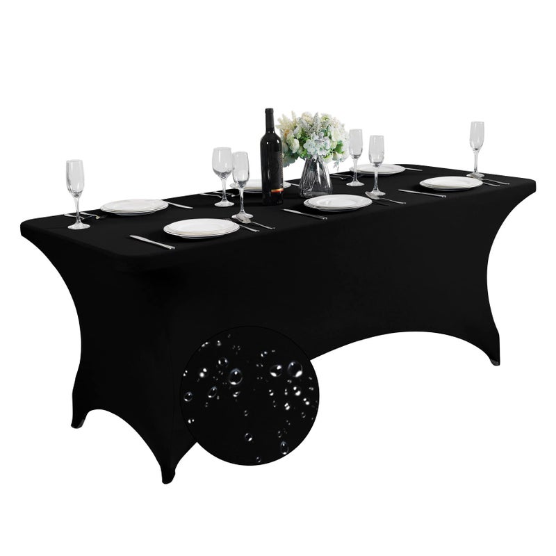 SuperO Waterproof Spandex Table Cover for 6FT Table Universal Fitted Stretch Tablecloth for Party Banquet Wedding and EventsBlack