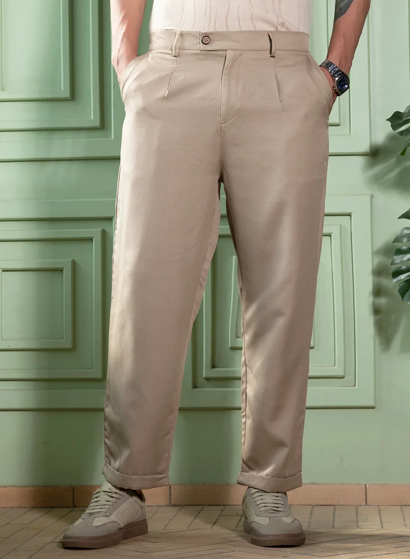 كامبوس سوترا Men Pleated-Tailored Trousers | Mid-Rise, Side-Adjuster | Button , Straight Hem | Solid Twill Woven Fabric For Casual & Daily Wear | Sand Beige