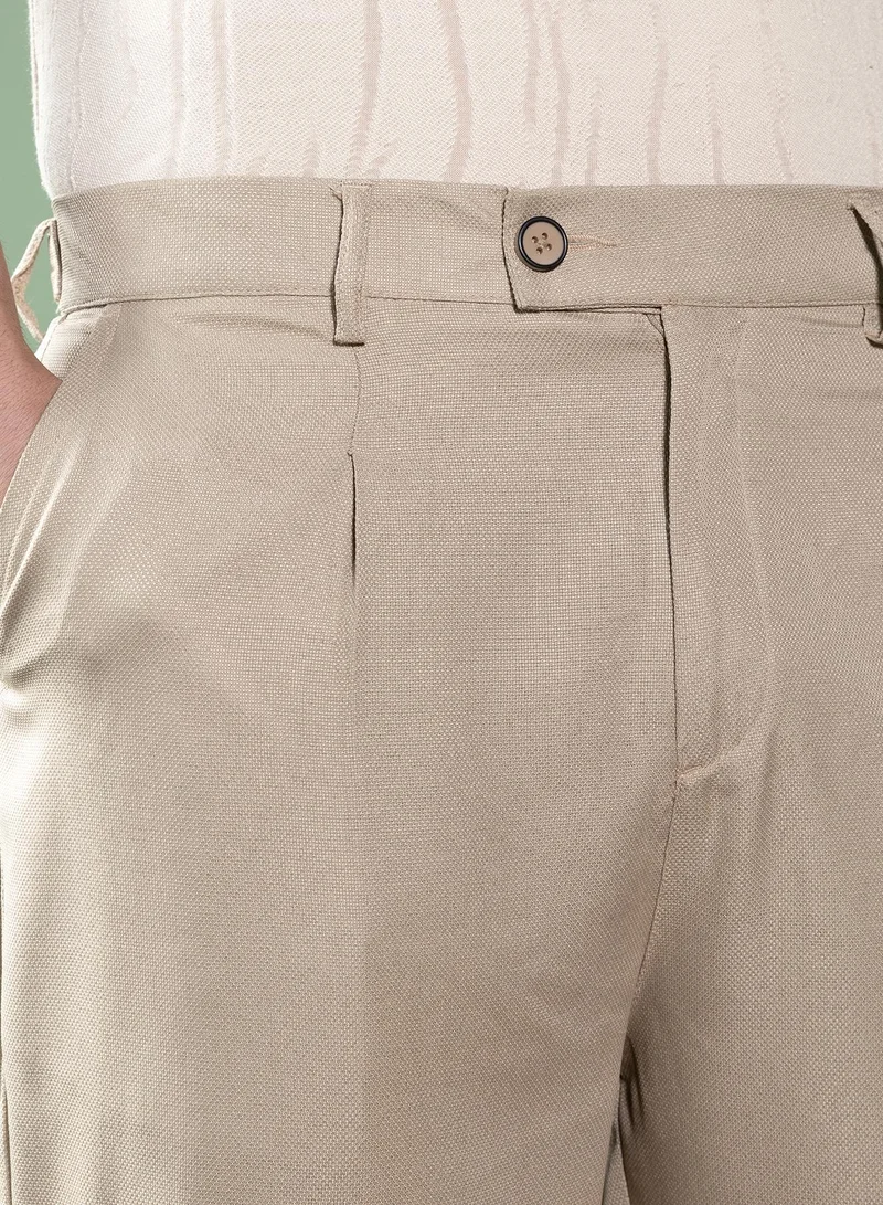 Campus Sutra Men Pleated-Tailored Trousers | Mid-Rise, Side-Adjuster | Button , Straight Hem | Solid Twill Woven Fabric For Casual & Daily Wear | Sand Beige