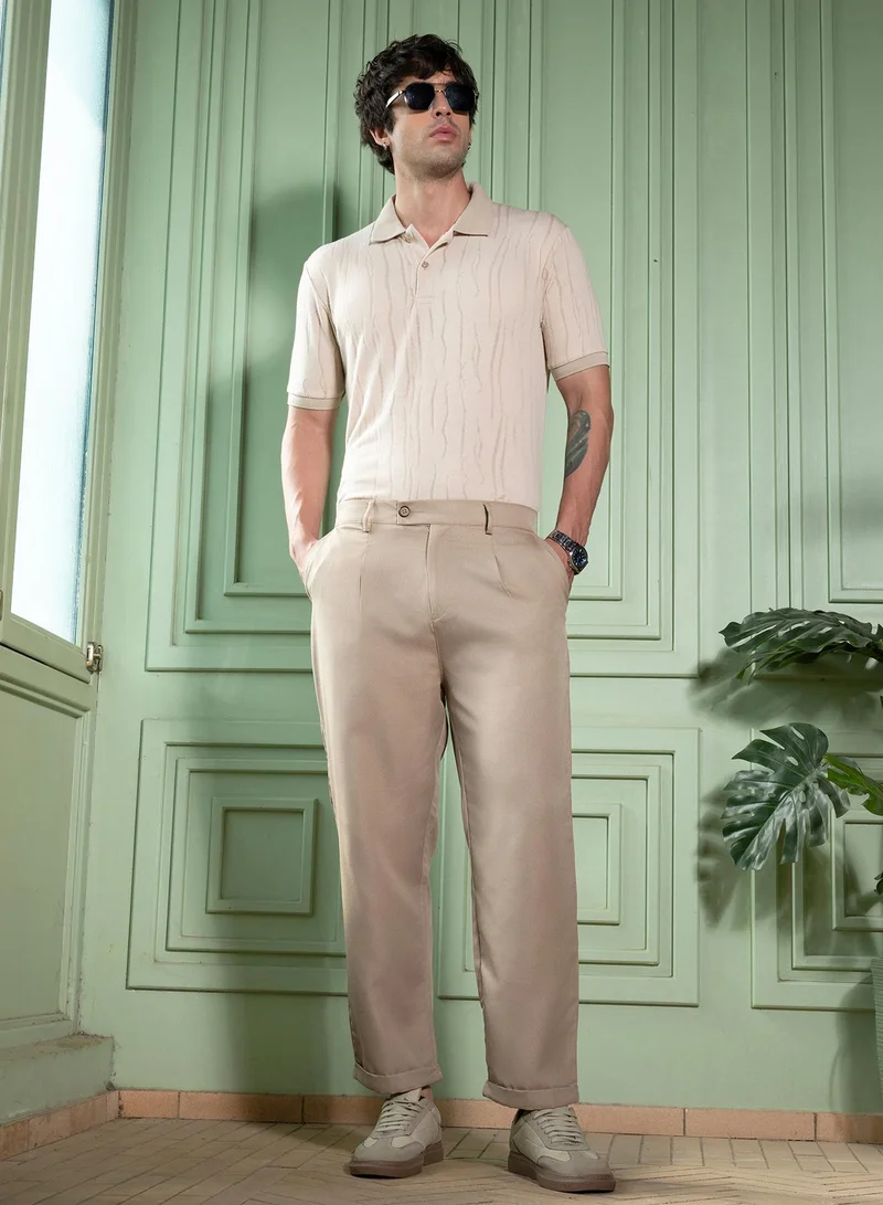 Campus Sutra Men Pleated-Tailored Trousers | Mid-Rise, Side-Adjuster | Button , Straight Hem | Solid Twill Woven Fabric For Casual & Daily Wear | Sand Beige