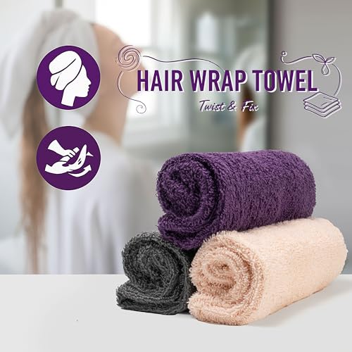 Textila Stores Textila 100% Cotton Hair Wrap Towels for Women (Pack of 3, Plum, Pink & Grey) – Soft & Absorbent Turban Towels for Long, Curly, Frizz-Prone Hair - Image 3