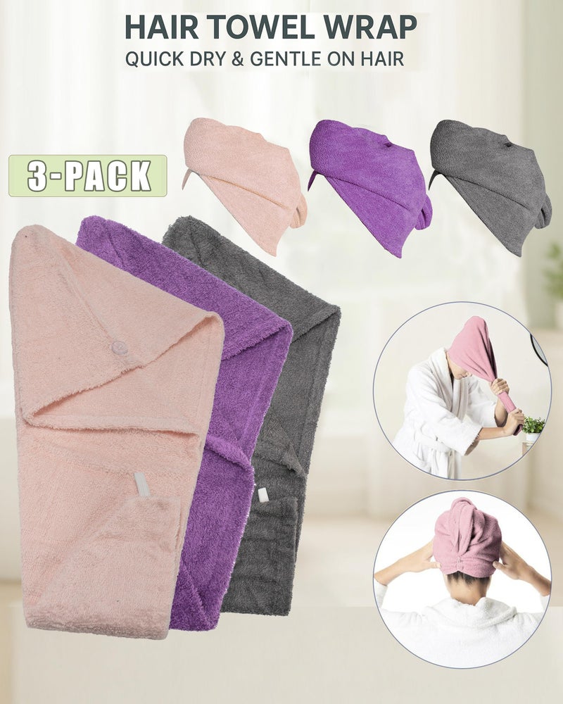 Textila Stores Textila 100% Cotton Hair Wrap Towels for Women (Pack of 3, Plum, Pink & Grey) – Soft & Absorbent Turban Towels for Long, Curly, Frizz-Prone Hair - Image 4