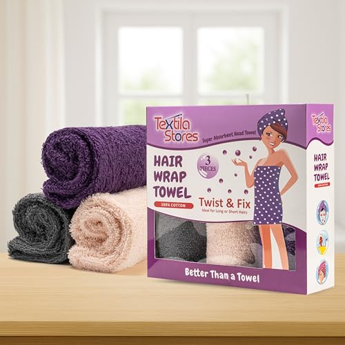 Textila Stores Textila 100% Cotton Hair Wrap Towels for Women (Pack of 3, Plum, Pink & Grey) – Soft & Absorbent Turban Towels for Long, Curly, Frizz-Prone Hair - Image 2
