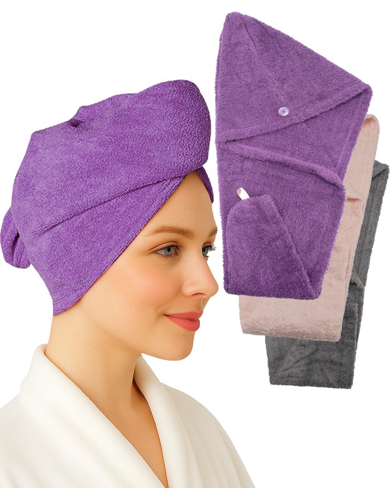 Textila Stores Textila 100% Cotton Hair Wrap Towels for Women (Pack of 3, Plum, Pink & Grey) – Soft & Absorbent Turban Towels for Long, Curly, Frizz-Prone Hair - Image 1