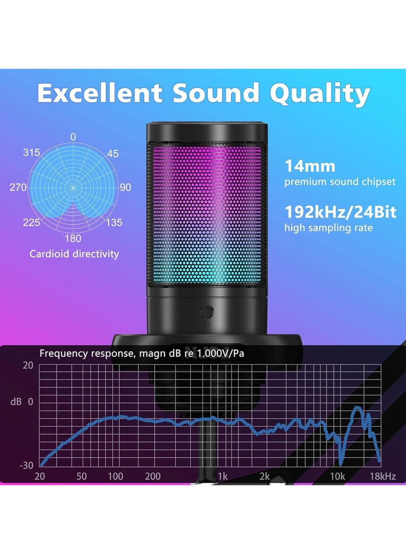 RGB Gaming Microphone with Extendable Arm for PC and PS5 with Volume Controlling, Pop Filter, Condenser Mic with Quick Mute, Podcast Microphone for Streaming Twitch/Discord, YouTube - Black