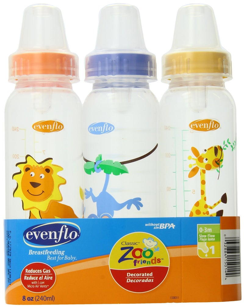 evenflo زجاجة حليب Evenflo Zoo Friends بحلمة قياسية 3 قطع، 8 أونصات (الألوان قد تختلف) - Image 1