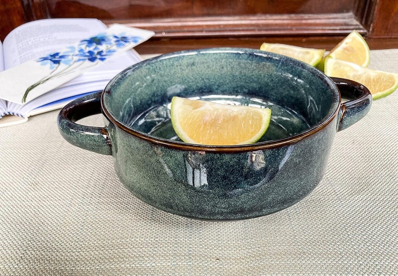 Lemon Tree Ceramic Stoneware Double Handle Small Serving Bowl Bowl for Serving Starters and Snacks Microwave and Dishwasher Safe Bowl 500ML Set of 1 Green - Image 1