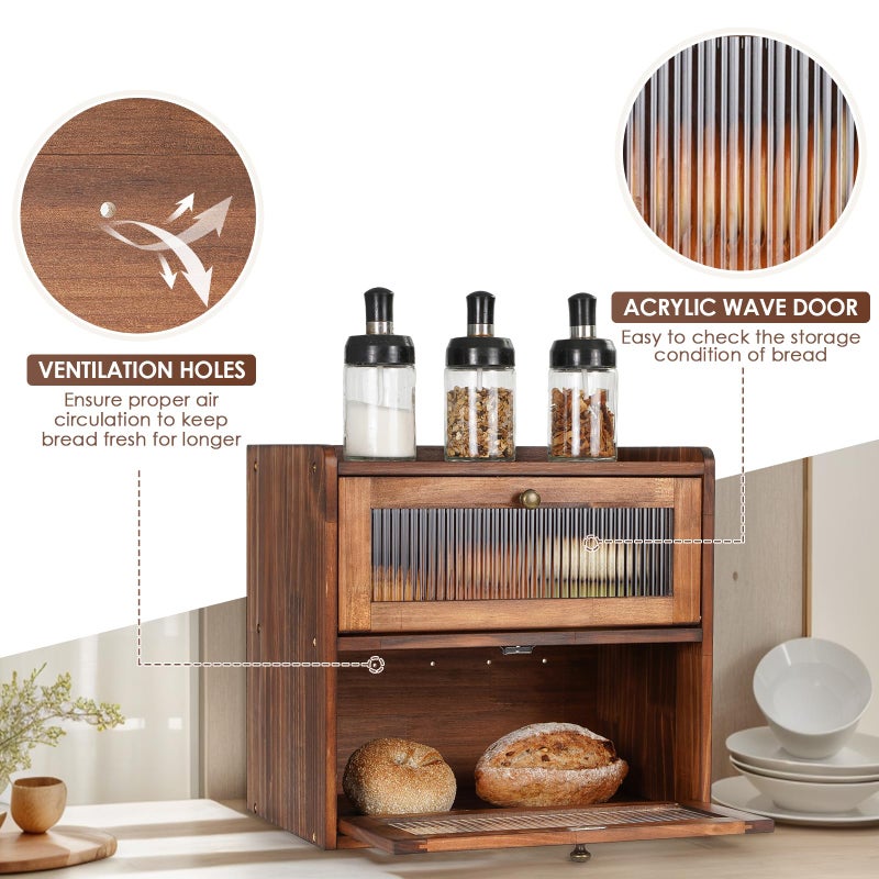 Sunhoo Bread Box for Kitchen Countertop Wooden Bread Storage Container Bin 2 Layer Breadbox Holder Large Capacity Keeper Vintage Farmhouse Food Organizer Pantry Shelf Acrylic Windowï¼ˆBlackï¼‰ - Image 5
