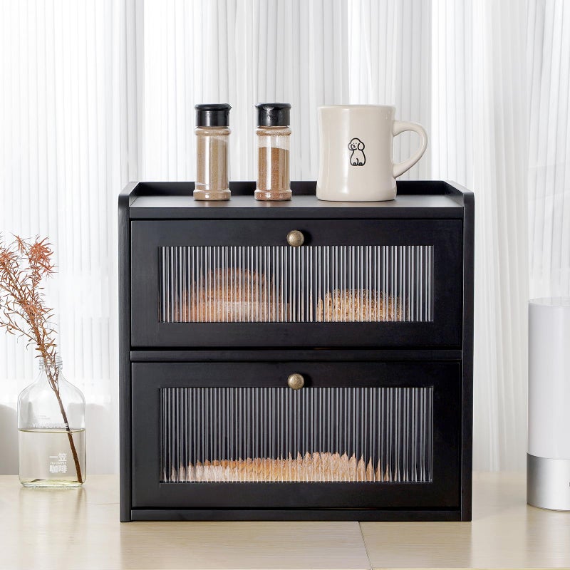 Sunhoo Bread Box for Kitchen Countertop Wooden Bread Storage Container Bin 2 Layer Breadbox Holder Large Capacity Keeper Vintage Farmhouse Food Organizer Pantry Shelf Acrylic Windowï¼ˆBlackï¼‰ - Image 3