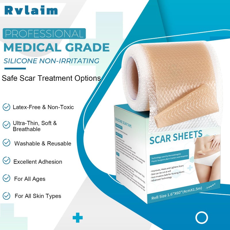 Rvlaim Silicone Scar Sheets, Silicone Scar Tape(1.6â€x 60â€ Roll-1.5M), Silicone Scar Strips, Professional Scar Removal Sheets for Surgical Scars, Keloid, C-Section, Burn et - Image 3