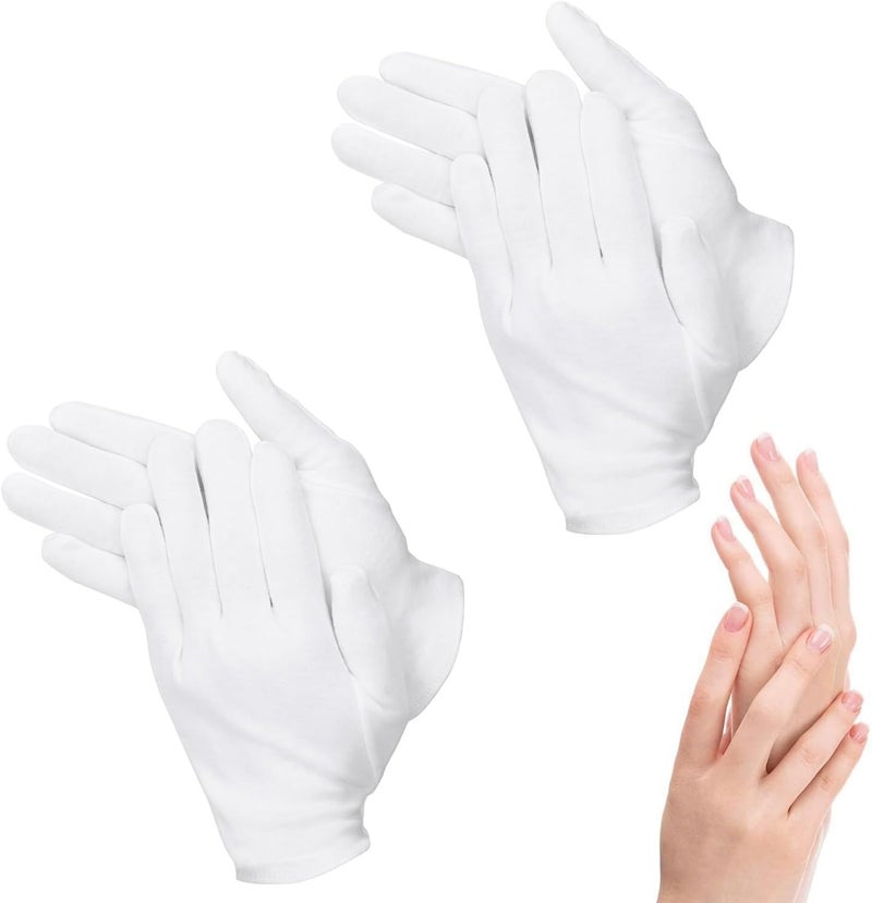 2 Pairs Cotton Moisturizing Gloves Over Night Bedtime White Cotton Cosmetic Inspection Premium Cloth Quality Eczema Dry Sensitive Irritated Skin Spa Therapy Secure Wristband One Size