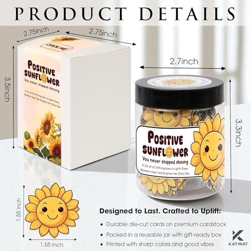 KATINAT Positive Sunflowers Jar, 60 Positive Affirmations Cards, Sunflower Gifts for Women, Retirement Gift for Woman, Mom, Friends, Coworker, Boss Lady, Christmas Gift, White Elephant Gifts - Image 2