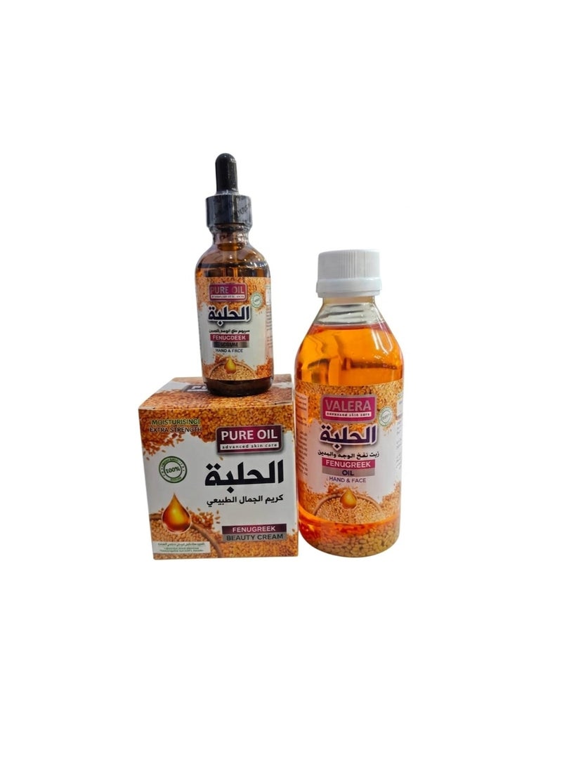 The beauty set includes fenugreek cream, fenugreek serum, and fenugreek oil.
