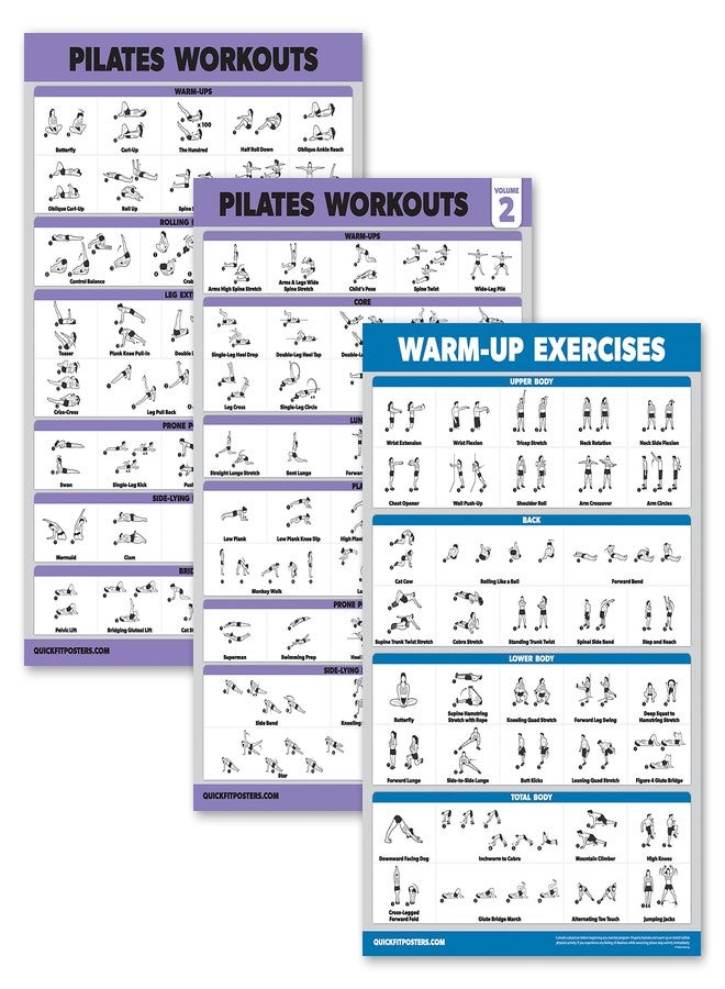 Palace Learning 3 Pack - Pilates Workout Poster Set Volume 1 & 2 + Warm Up Routine - Pilates Mat Work Exercises - Fitness Charts (18" x 24", LAMINATED) - Image 1