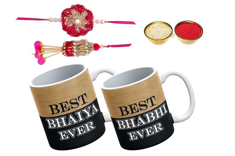 V Kraft BEST BHAIYA BHABHI EVER printed unique coffee mug with designer rakhi for bhaiya bhabhi with roli chawal and Rakhi Special Wishes Card 330 ml k 04 - Image 1