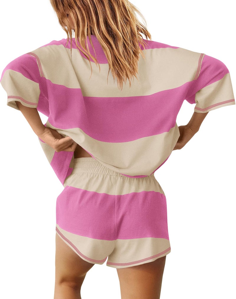 Yanekop Womens 2 Piece Outfits Summer Striped Workout Set Two Piece Matching Lounge Sets Half Sleeve Tops and Short Sets(Rose Red,M) - Image 4