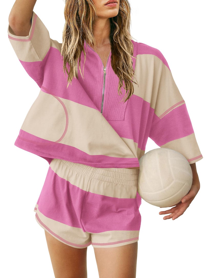Yanekop Womens 2 Piece Outfits Summer Striped Workout Set Two Piece Matching Lounge Sets Half Sleeve Tops and Short Sets(Rose Red,M) - Image 2