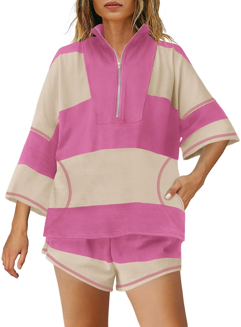 Yanekop Womens 2 Piece Outfits Summer Striped Workout Set Two Piece Matching Lounge Sets Half Sleeve Tops and Short Sets(Rose Red,M) - Image 3