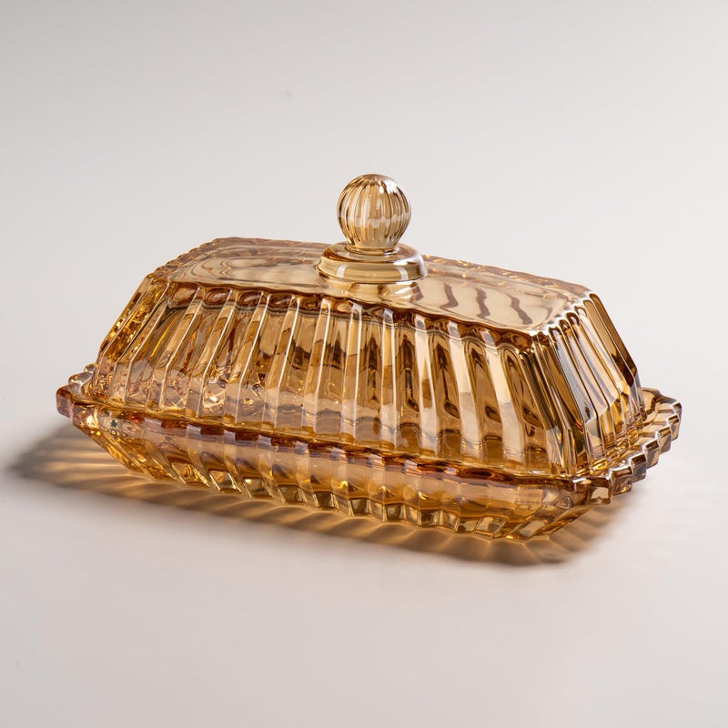 Champagne Color Glass Butter Dish with Lid Covered Butter Stick Holder Tray Crystal Glass Butter Storage Container for Kitchen Countertop