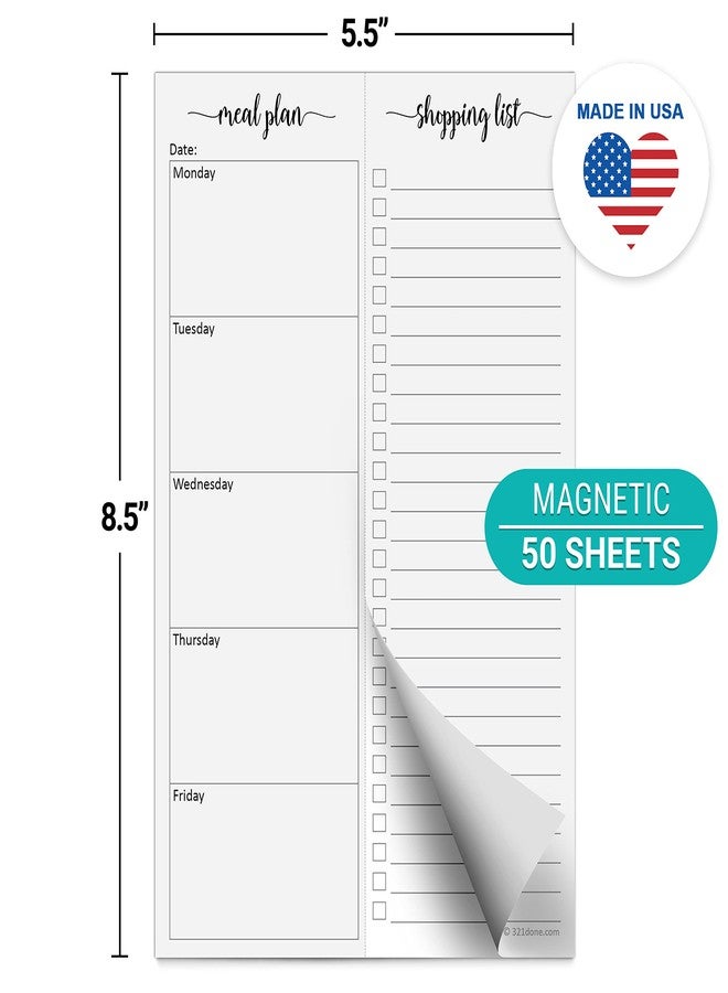 321Done Magnetic Meal Planning Pad, 5.5x8.5, Made in USA, M-F Weekly Menu Planner & Grocery List for Refrigerator, Perforated Tear Off Checklist (50 Pages), Thick Paper, Strong Magnet for Fridge - Image 2