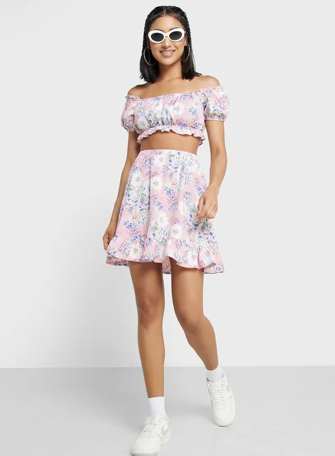 Ginger Bardot Style Printed Top And Skirt Set