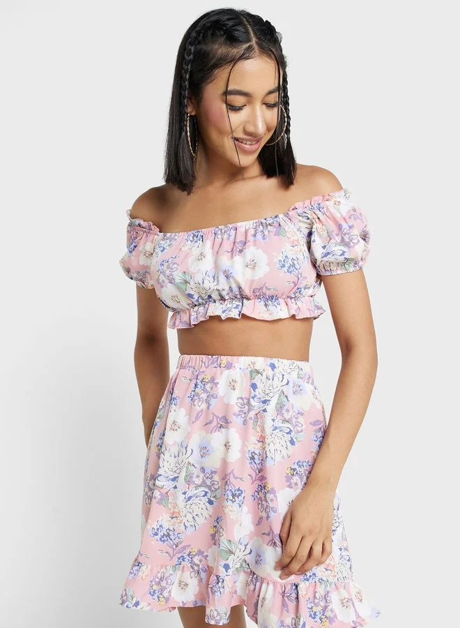 Ginger Bardot Style Printed Top And Skirt Set
