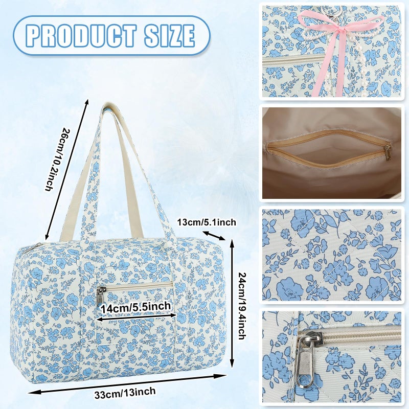 Lebaley Coquette Bag with Ribbon Pearl Bow - Blue Travel Bags,Quilted Duffle Bag for Women,Girls Duffle Overnight Bags Coquette Tote Bag,Carry On Gym Bags,Weekend Bag for Travel Trip Work - Image 3