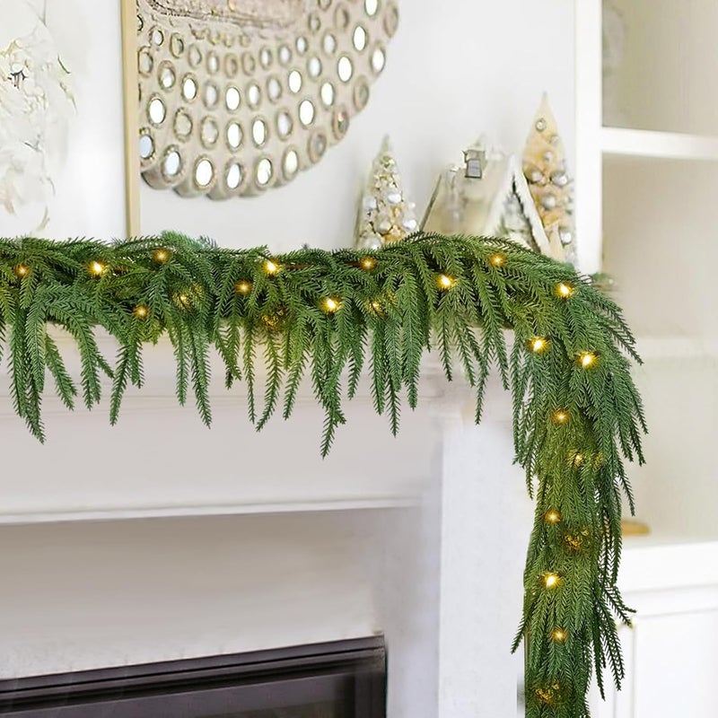 FAJUNZH 2PCS 6FT Norfolk Pine Garland with 60 Lights, 80 Pine Branches, Realistic Christmas Garland Holiday Greenery for Table Mantle Wall Christmas Decorations - Image 1